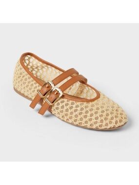 Universal Thread Beige Woven Mary Jane Flat with Tan Straps